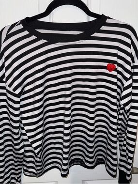 SHEIN Black and White Striped Long Sleeve Tee with Red Heart Patch